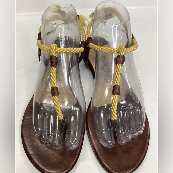 Jimmy Choo, size 7 (EU 37.5) Dark Brown Leather Silk Thong Sandals - Picture 5 of 11